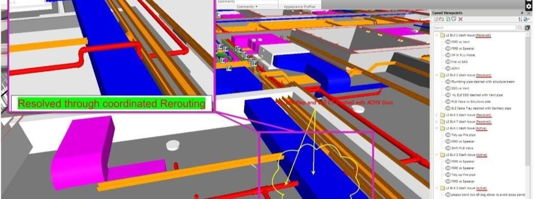 MEP Clash Coordination Clash resolved through coordinated rerouting in the Level 2 ceiling void