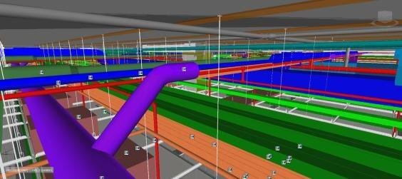 MEP Clash Coordination Fire protection routing in a congested corridor ceiling void in Navisworks