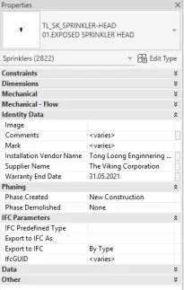 BIM & Facility Management Revit properties panel showing FM parameters on a sprinkler head